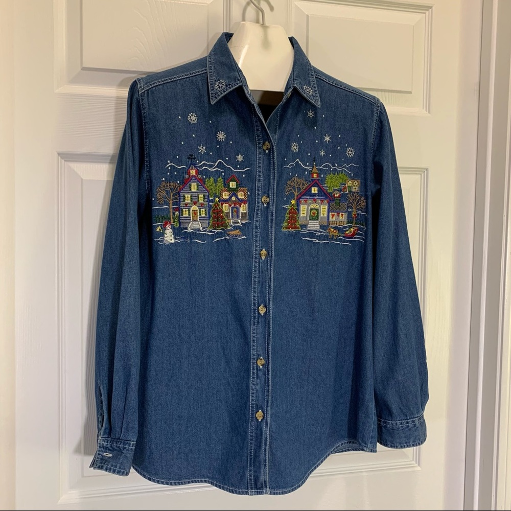 Bobbie Brooks Denim Christmas Long Sleeved Shirt M